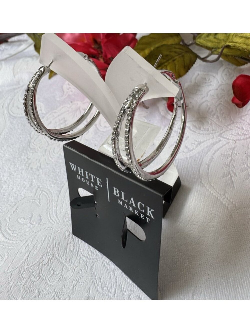 WHBM SilverTone CZ Dangle Drop Earrings Chunky Double Split Hoop Summer 1.5" NEW